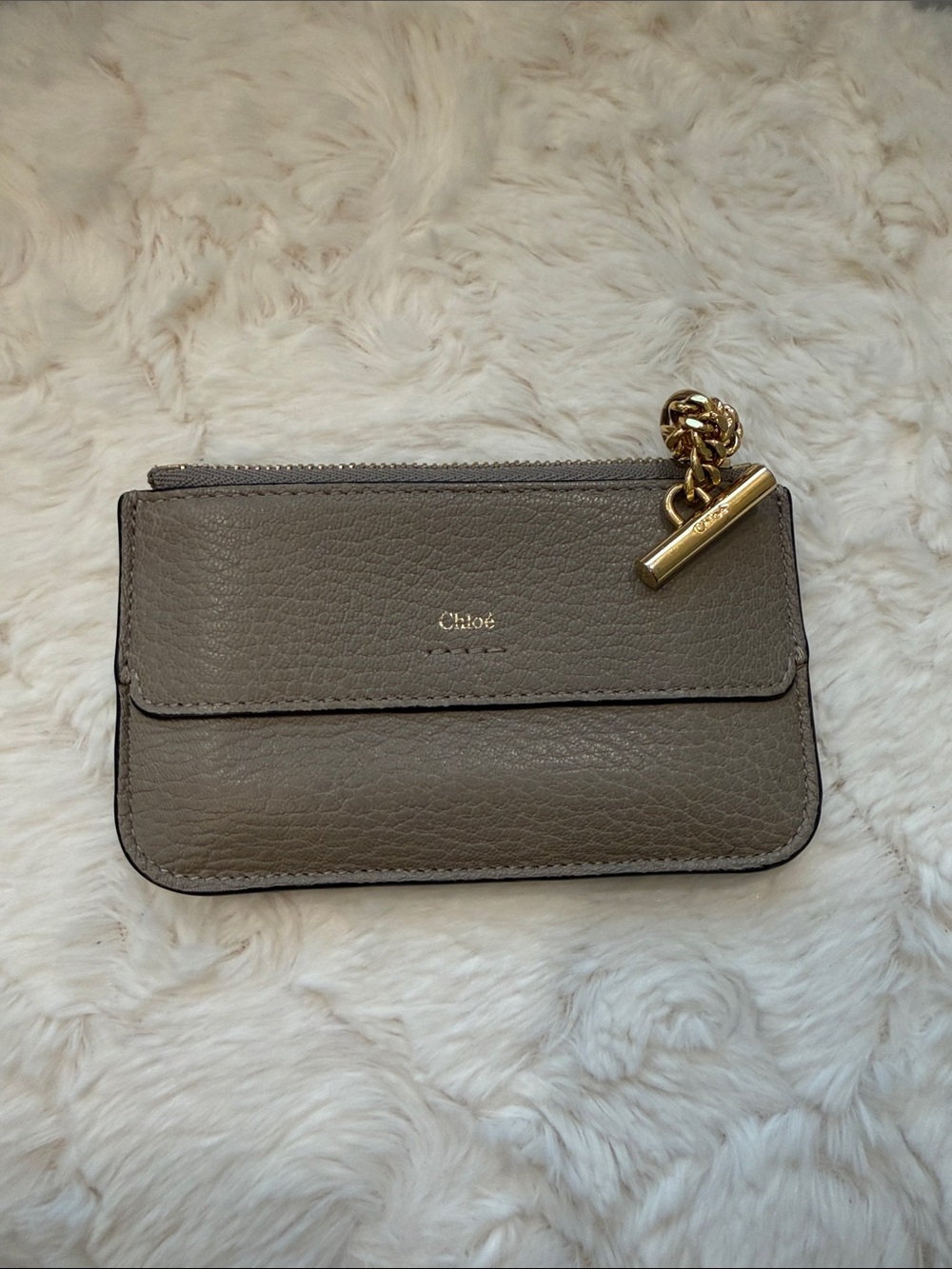 Chloé Taupe Leather Card & Coin Holder with Gold Charm